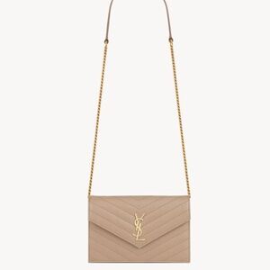 Beige Saint Laurent Classic Small Chain Wallet in Grain De Poudre Leather